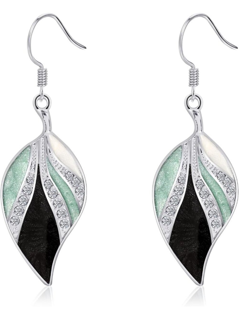 Women's Green and Black Teardrop Dangling Bohemian Tropical Leaf Dangle Earrings